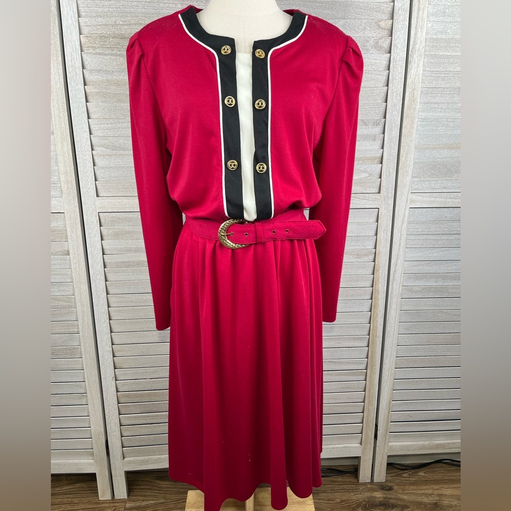 TABBY OF CALIFORNIA Vintage 80's Long Sleeve Dress w Belt Red/black/White-12